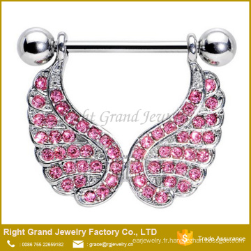 Barbell acier chirurgical 316L strass rose ange ailes Dangle mamelon anneaux bijoux